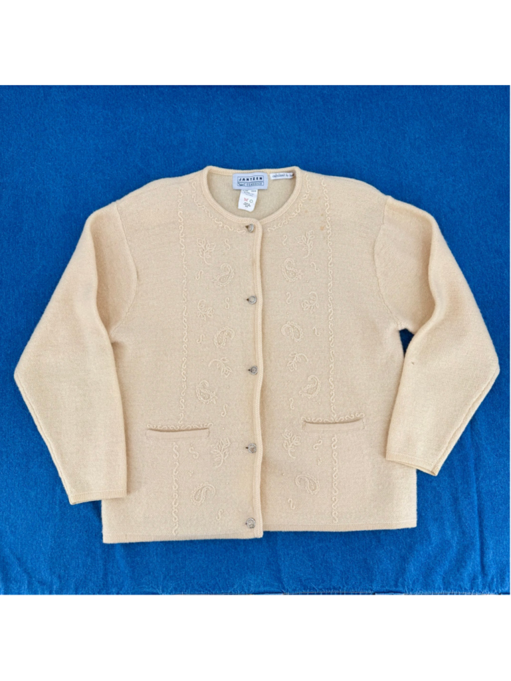 Jantzen Pale Yellow Wool Cardigan Sweater Vintage 80s Embroidered Paisleys Beads